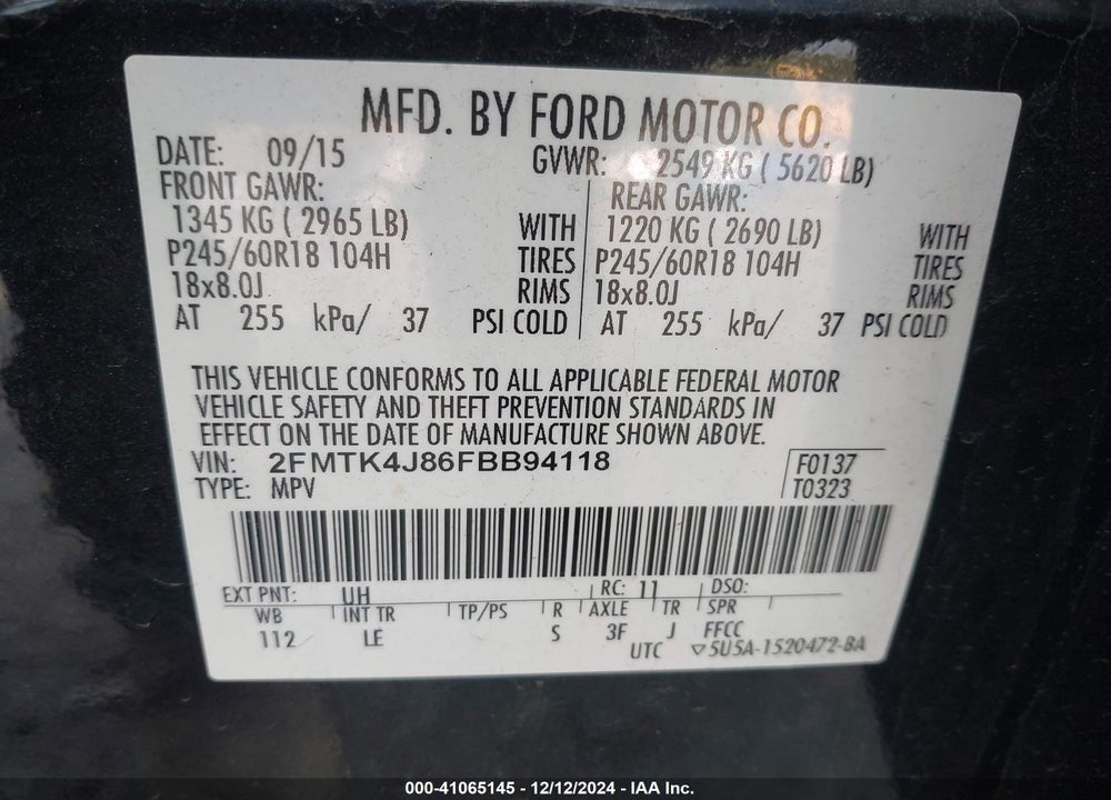 2015 FORD EDGE SEL VIN: 2FMTK4J86FBB94118