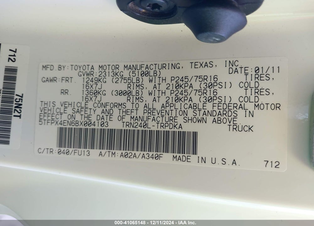 2011 TOYOTA TACOMA VIN: 5TFPX4EN6BX004103