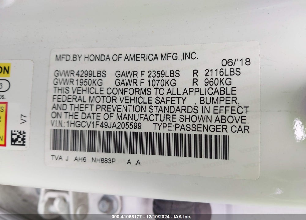 2018 HONDA ACCORD VIN: 1HGCV1F49JA205599