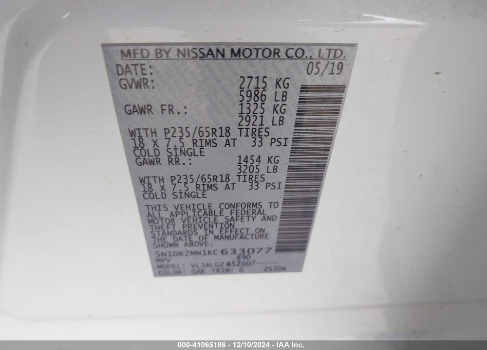 2019 NISSAN PATHFINDER SL VIN: 5N1DR2MN1KC633077