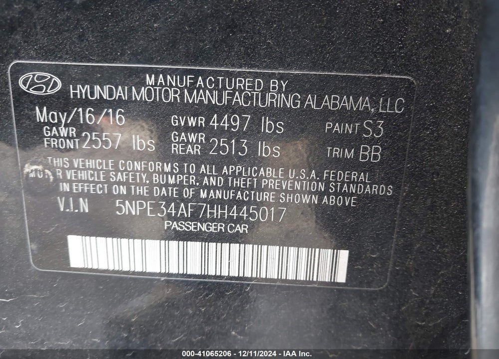 2017 HYUNDAI SONATA SPORT VIN: 5NPE34AF7HH445017