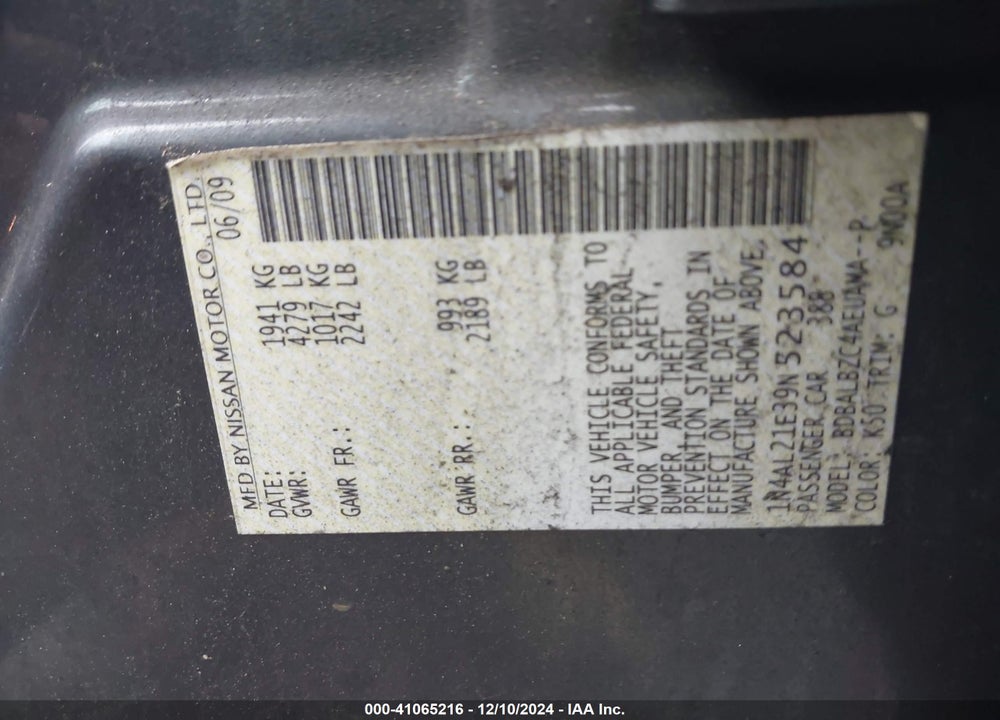 2009 NISSAN ALTIMA 2.5 S VIN: 1N4AL21E39N523584