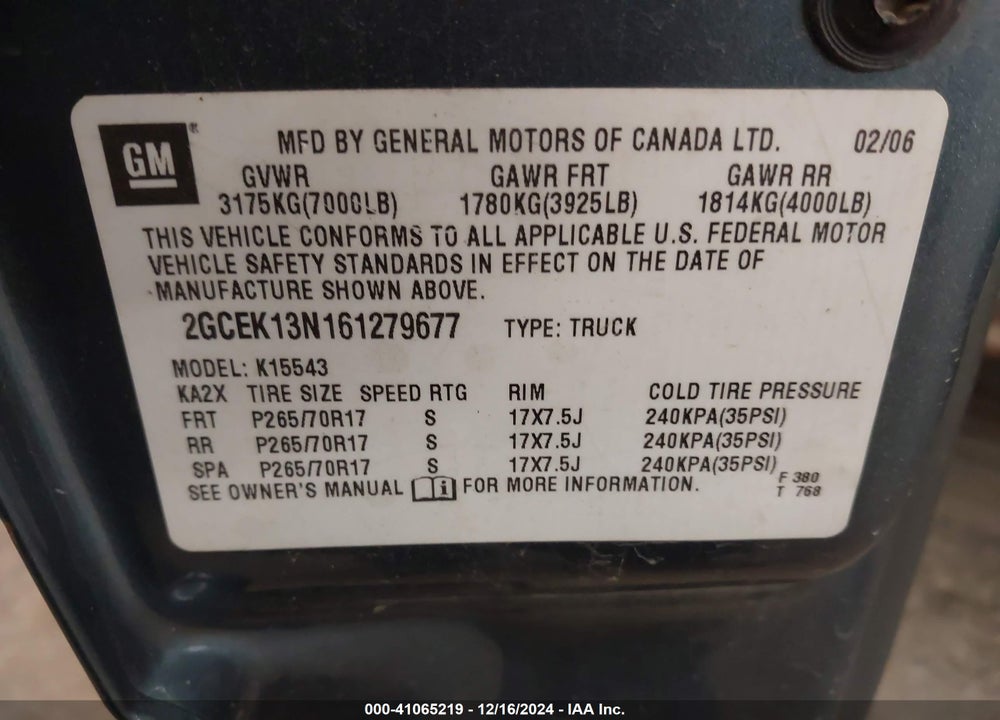 2006 CHEVROLET SILVERADO 1500 LT3 VIN: 2GCEK13N161279677