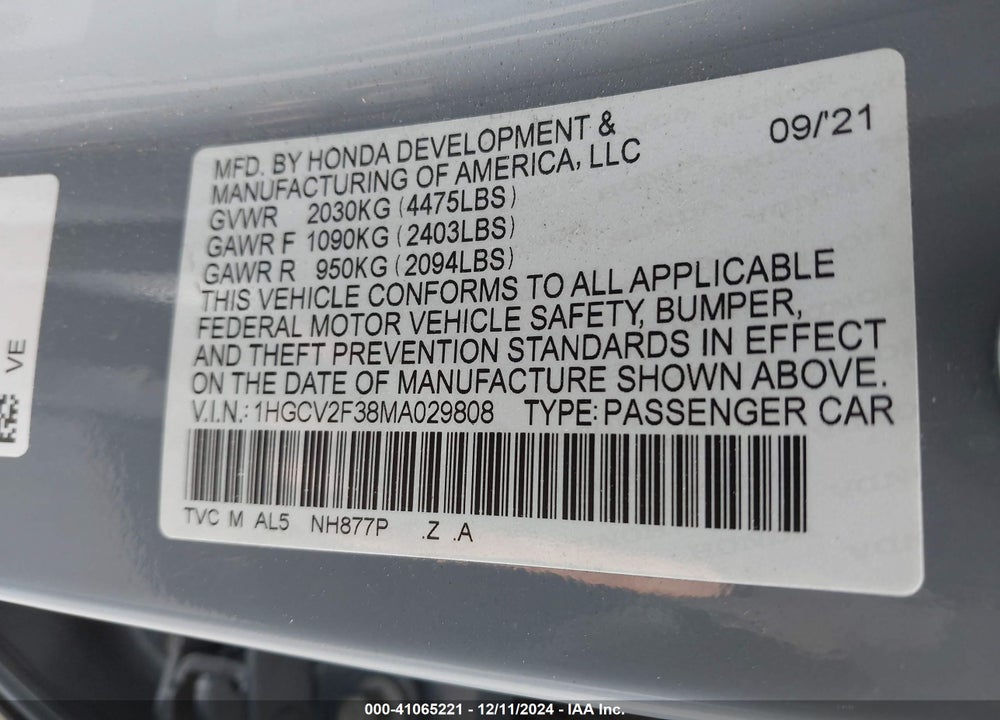 2021 HONDA ACCORD SPORT 2.0T VIN: 1HGCV2F38MA029808