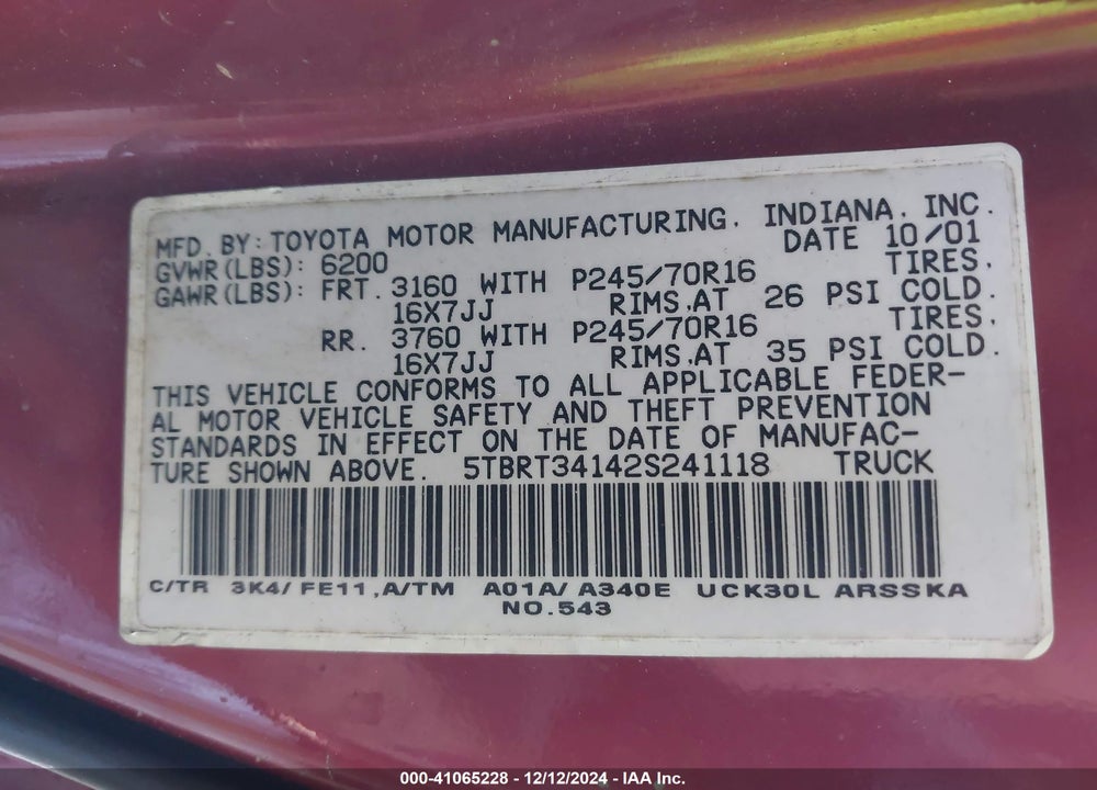 2002 TOYOTA TUNDRA SR5 V8 VIN: 5TBRT34142S241118