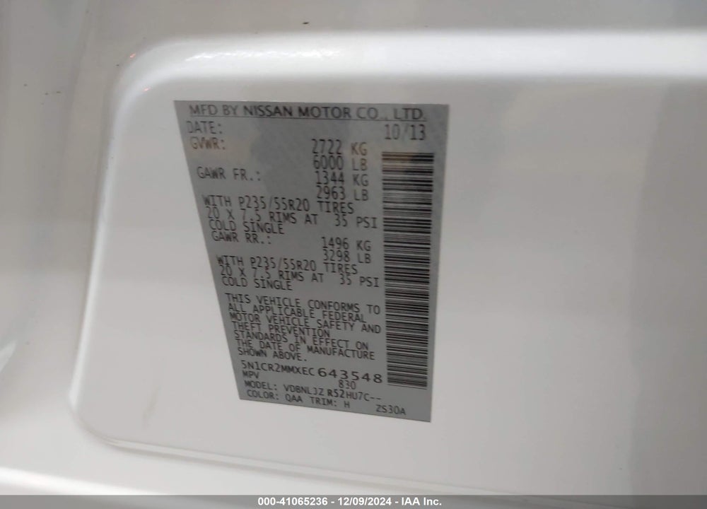 2014 NISSAN PATHFINDER HYBRID PLATINUM VIN: 5N1CR2MMXEC643548