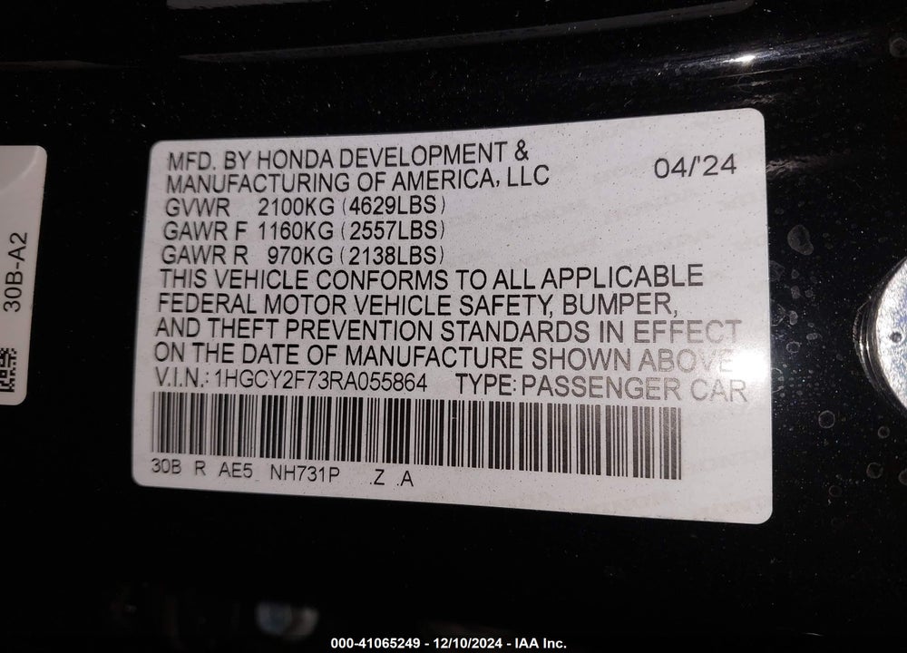 2024 HONDA ACCORD VIN: 1HGCY2F73RA055864