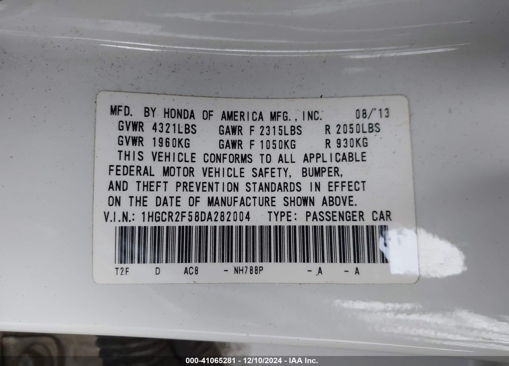 2013 HONDA ACCORD SPORT VIN: 1HGCR2F58DA282004