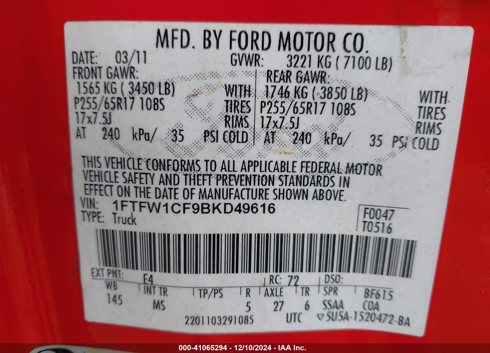 2011 FORD F-150 XLT VIN: 1FTFW1CF9BKD49616