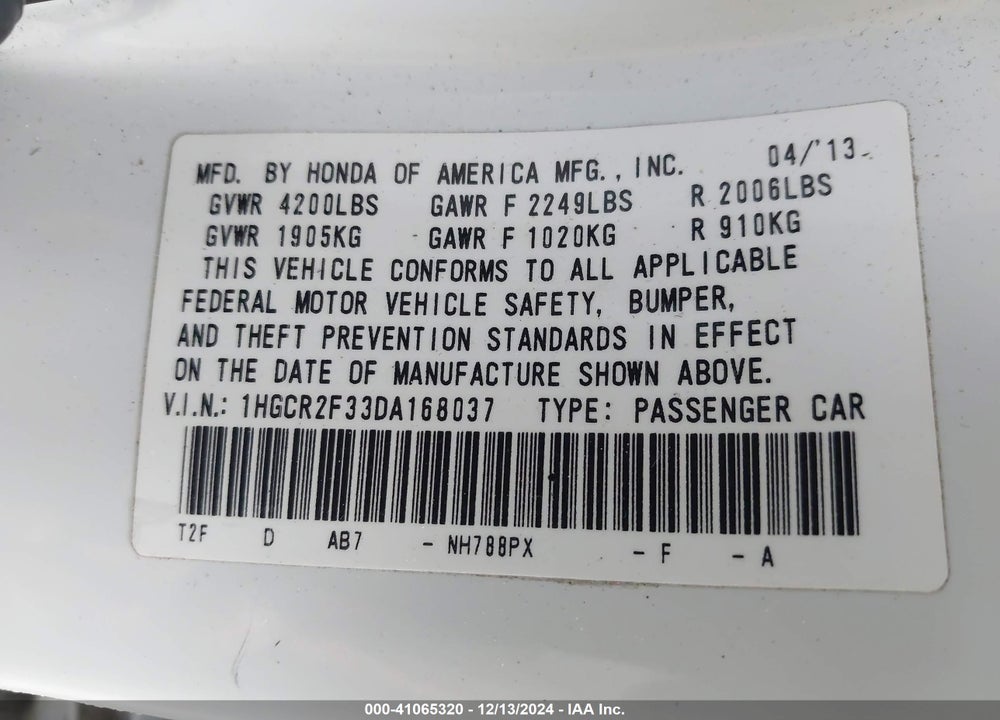 2013 HONDA ACCORD VIN: 1HGCR2F33DA168037