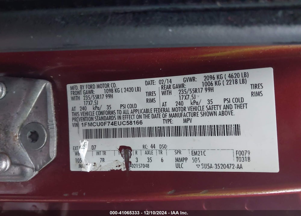 2014 FORD ESCAPE S VIN: 1FMCU0F74EUC58166