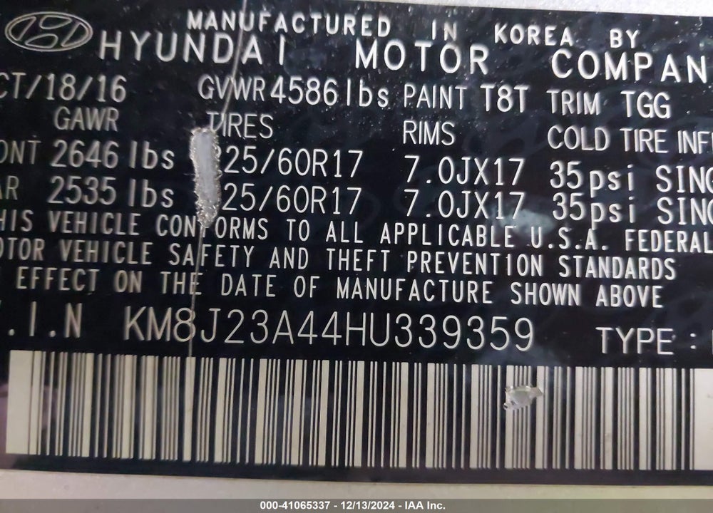 2017 HYUNDAI TUCSON SE VIN: KM8J23A44HU339359