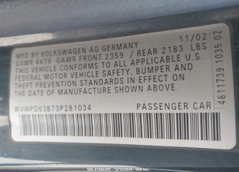 2003 VOLKSWAGEN PASSAT GLS VIN: WVWPD63B73P281034