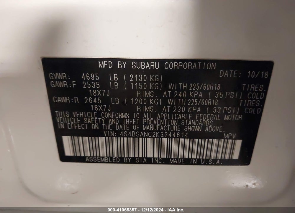 2019 SUBARU OUTBACK 2.5I LIMITED VIN: 4S4BSANC2K3244614