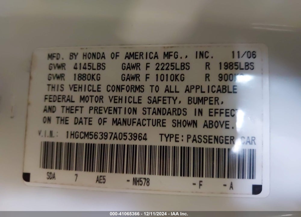 2007 HONDA ACCORD 2.4 SE VIN: 1HGCM56397A053964