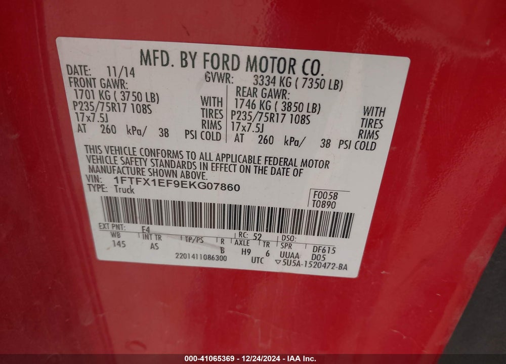 2014 FORD F-150 XL VIN: 1FTFX1EF9EKG07860