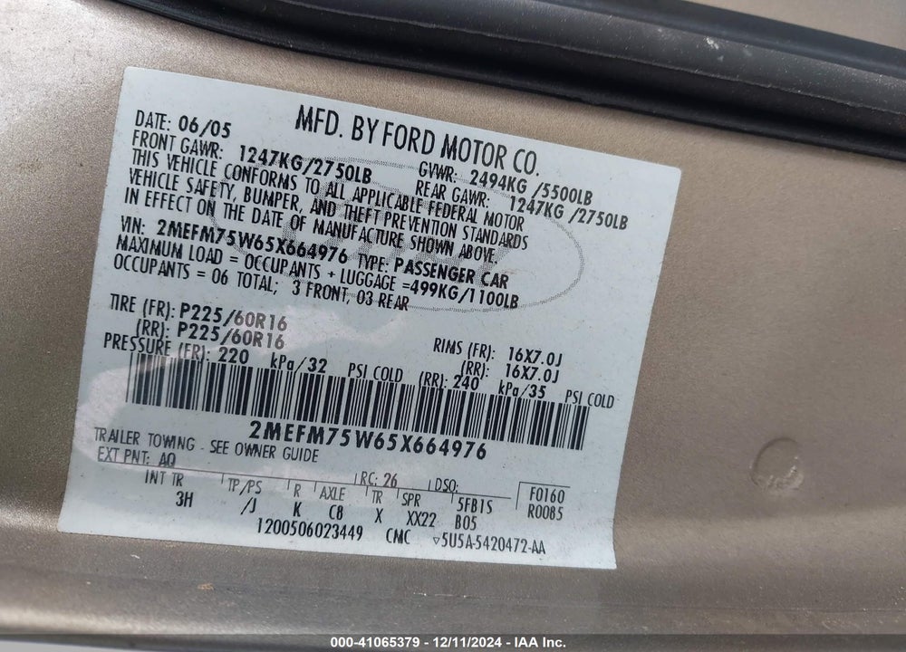 2005 MERCURY GRAND MARQUIS LS/LSE VIN: 2MEFM75W65X664976