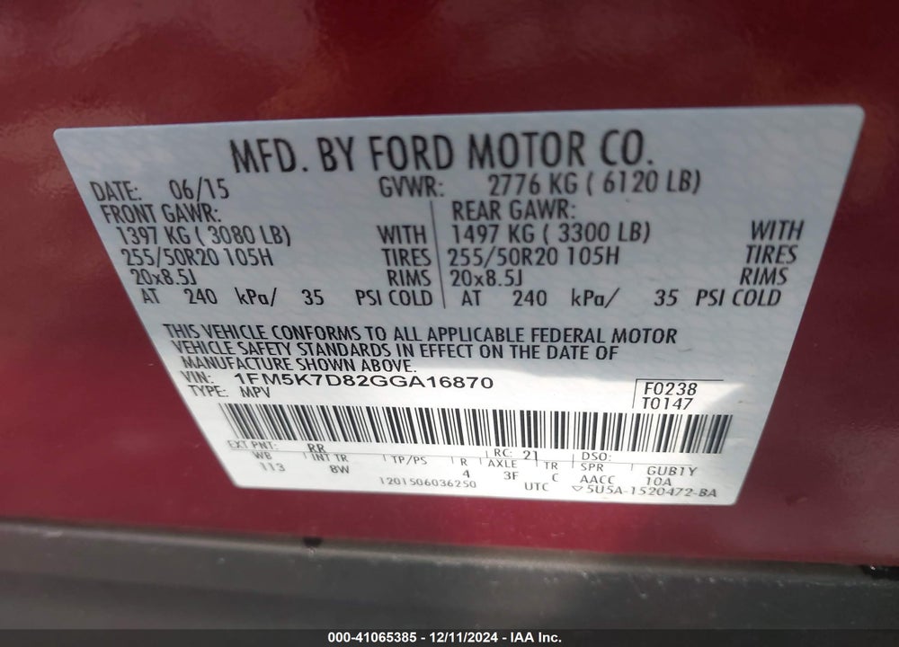 2016 FORD EXPLORER XLT VIN: 1FM5K7D82GGA16870