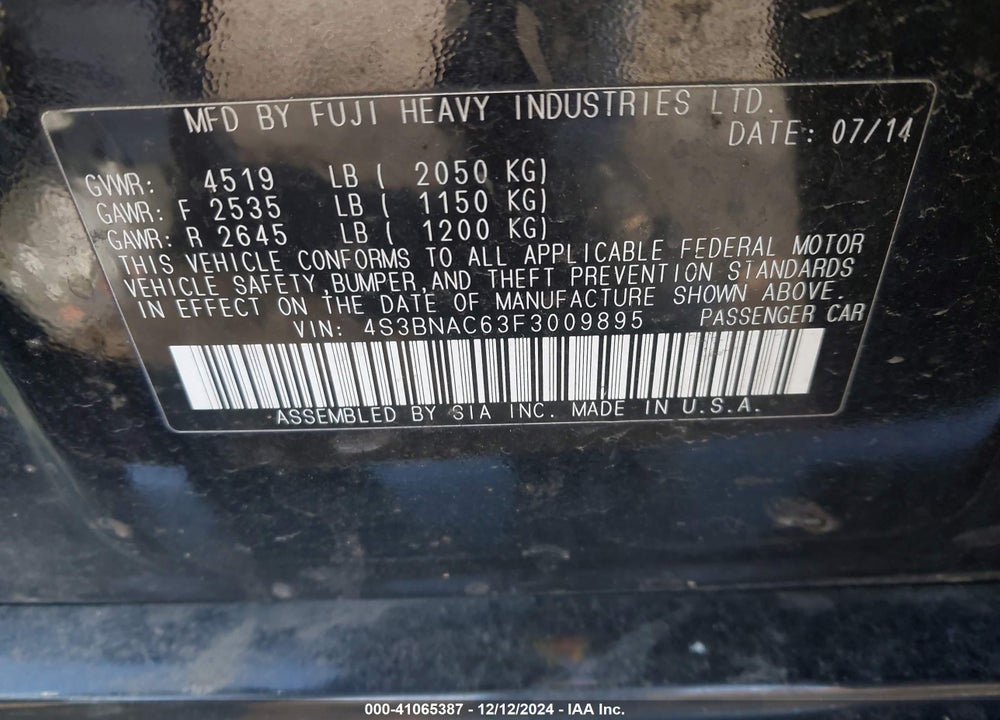 2015 SUBARU LEGACY 2.5I PREMIUM VIN: 4S3BNAC63F3009895