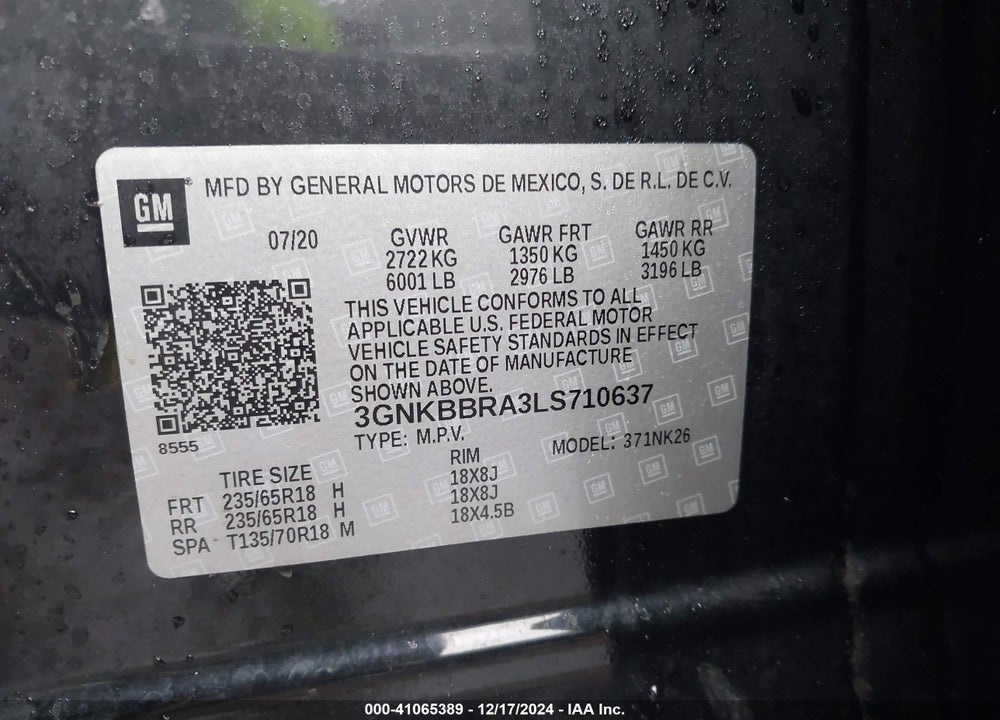 2020 CHEVROLET BLAZER FWD 1LT VIN: 3GNKBBRA3LS710637