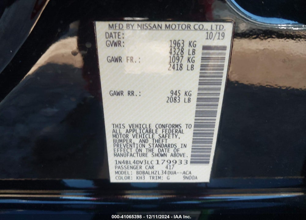 2020 NISSAN ALTIMA VIN: 1N4BL4DV3LC179933