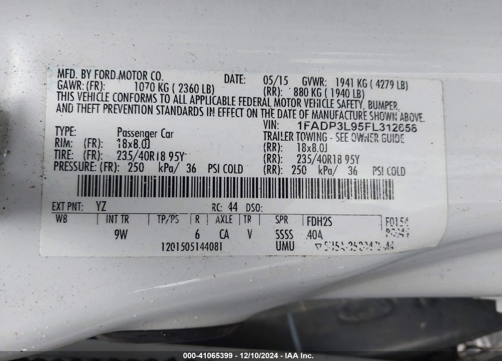 2015 FORD FOCUS VIN: 1FADP3L95FL312658
