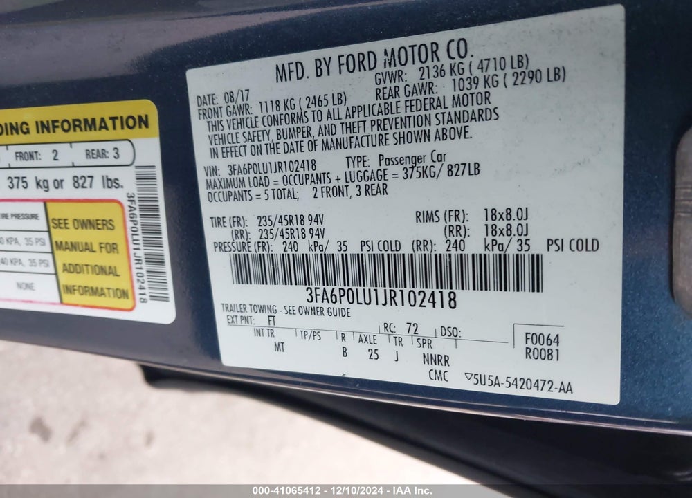 2018 FORD FUSION VIN: 3FA6P0LU1JR102418