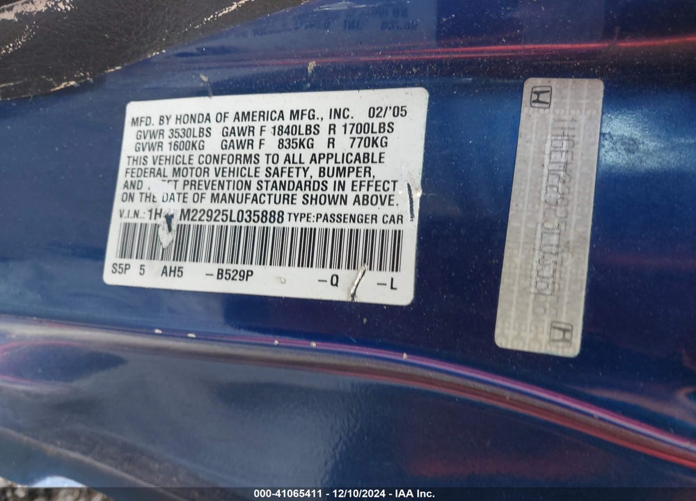 2005 HONDA CIVIC EX VIN: 1HGEM22925L035888