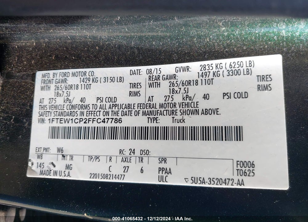 2015 FORD F-150 XLT VIN: 1FTEW1CP2FFC47786