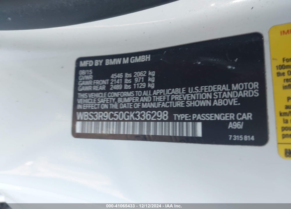 2016 BMW M4 VIN: WBS3R9C50GK336298