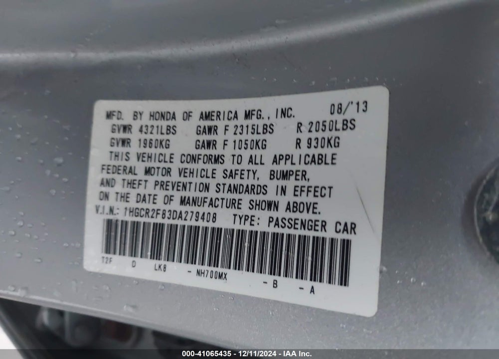 2013 HONDA ACCORD VIN: 1HGCR2F83DA279408