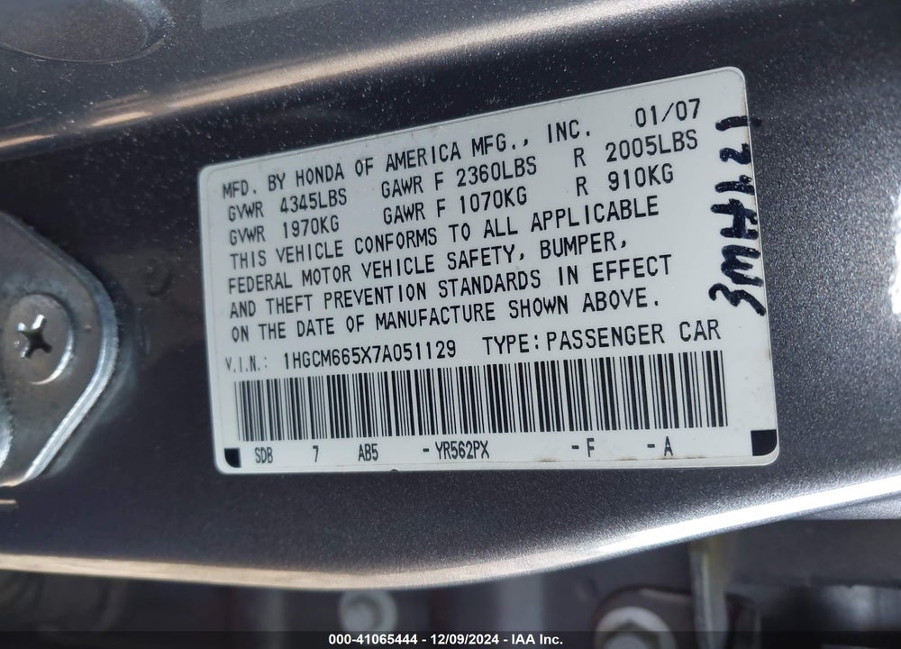 2007 HONDA ACCORD 3.0 EX VIN: 1HGCM665X7A051129