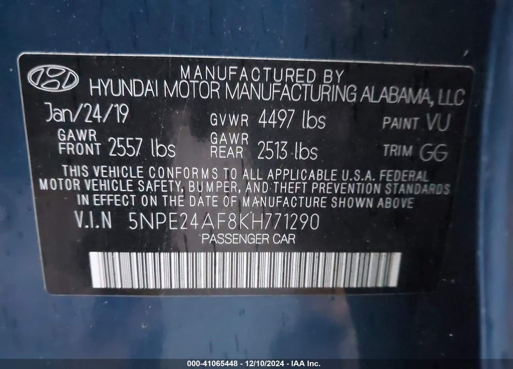 2019 HYUNDAI SONATA SE VIN: 5NPE24AF8KH771290
