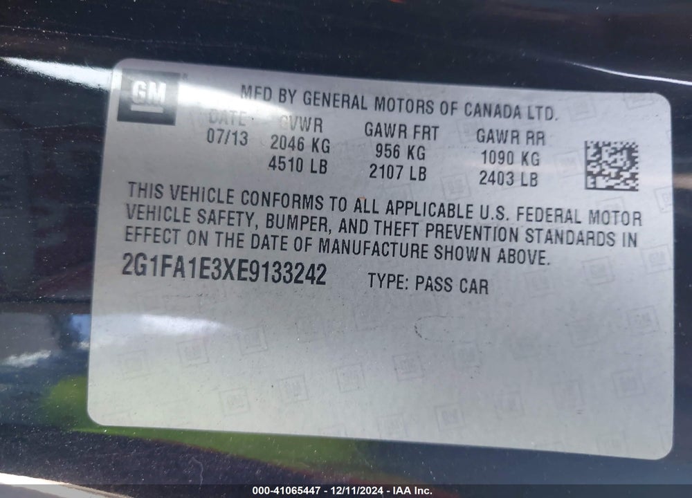 2014 CHEVROLET CAMARO 2LS VIN: 2G1FA1E3XE9133242