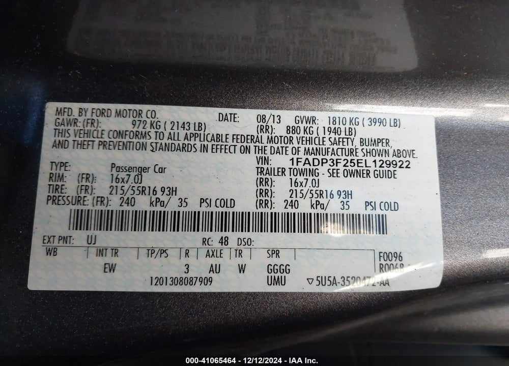 2014 FORD FOCUS SE VIN: 1FADP3F25EL129922