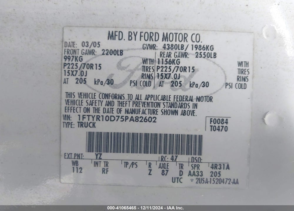 2005 FORD RANGER XL/XLS/XLT VIN: 1FTYR10D75PA82602