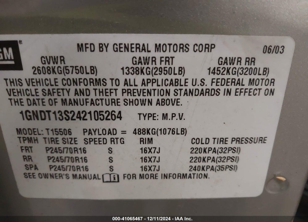 2004 CHEVROLET TRAILBLAZER LS VIN: 1GNDT13S242105264