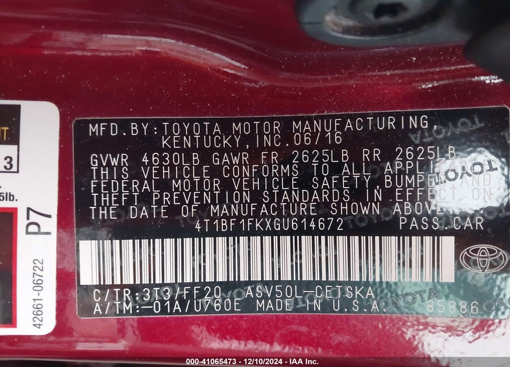2016 TOYOTA CAMRY SE VIN: 4T1BF1FKXGU614672