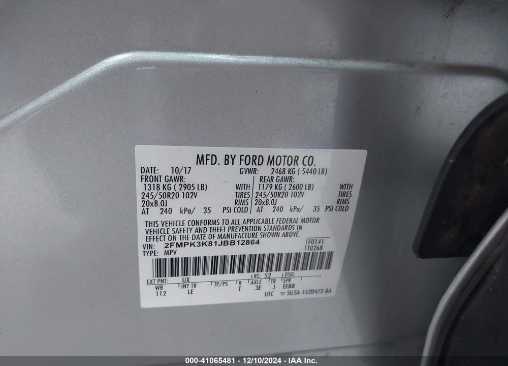 2018 FORD EDGE TITANIUM VIN: 2FMPK3K81JBB12864