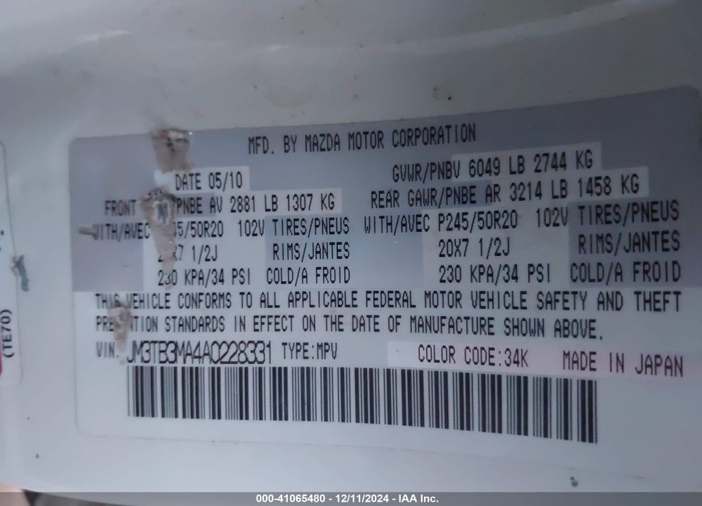 2010 MAZDA CX-9 GRAND TOURING VIN: JM3TB3MA4A0228331