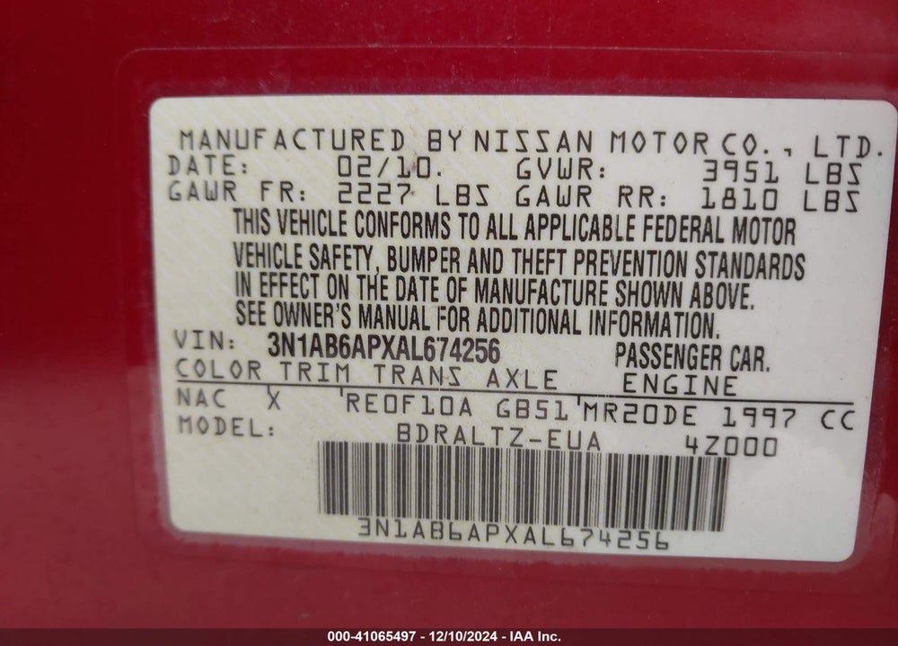 2010 NISSAN SENTRA 2.0S VIN: 3N1AB6APXAL674256
