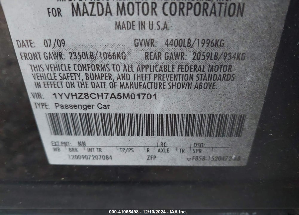 2010 MAZDA 6 I TOURING VIN: 1YVHZ8CH7A5M01701