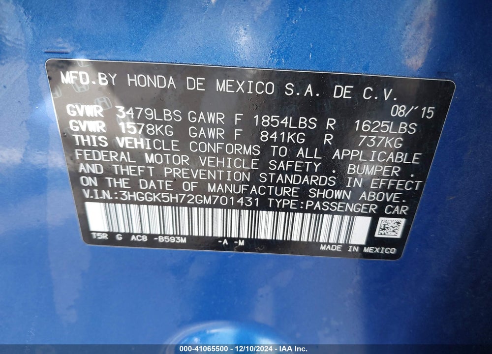 2016 HONDA FIT EX VIN: 3HGGK5H72GM701431