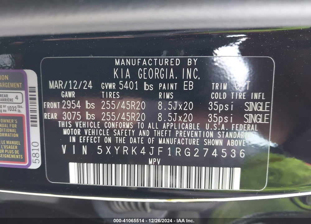 2024 KIA SORENTO SX VIN: 5XYRK4JF1RG274536