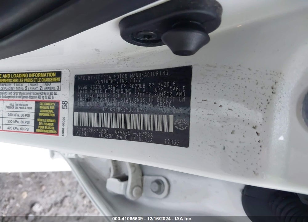 2021 TOYOTA CAMRY XSE VIN: 4T1K61BK2MU028257