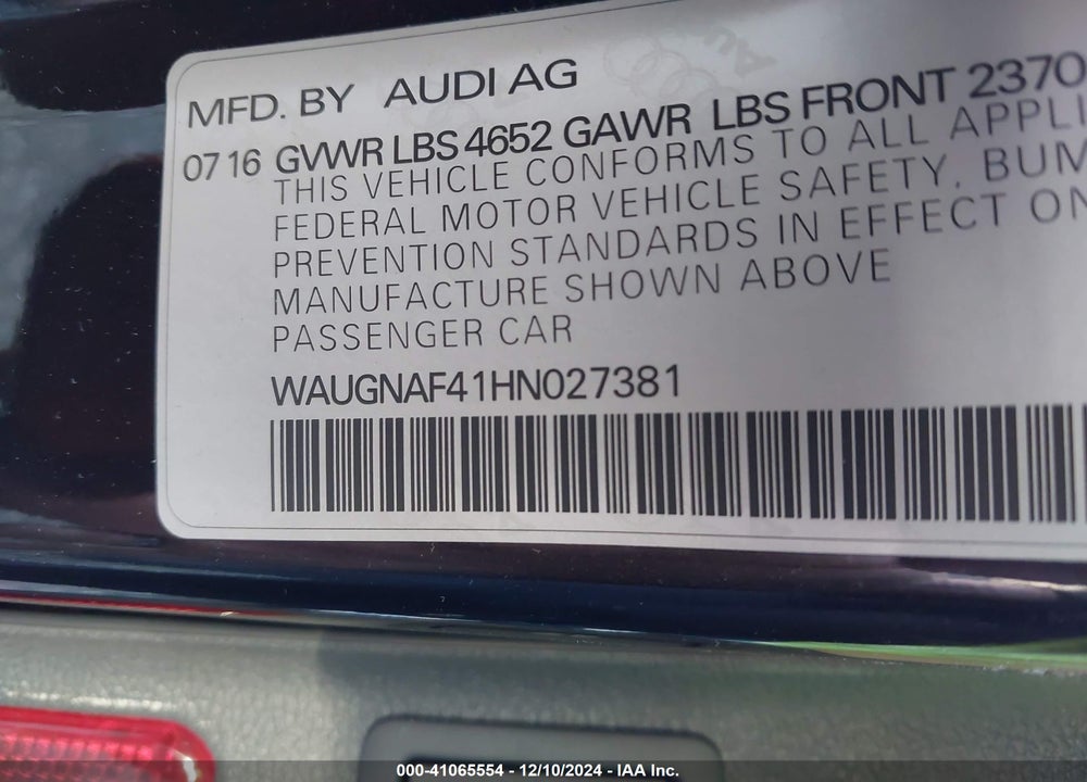2017 AUDI A4 2.0T PREMIUM VIN: WAUGNAF41HN027381
