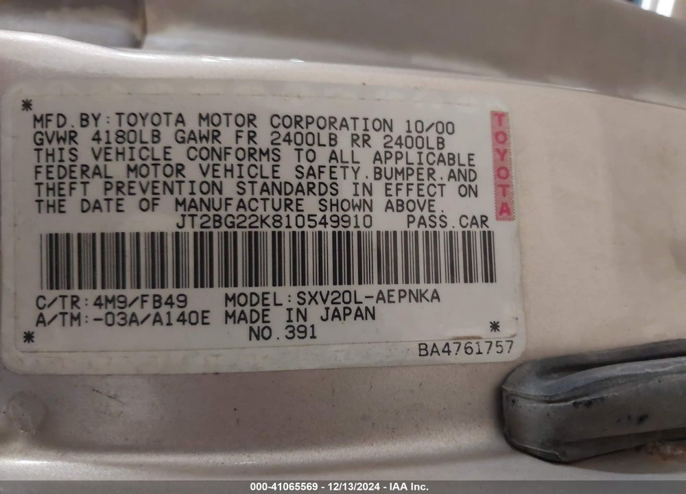 2001 TOYOTA CAMRY LE VIN: JT2BG22K810549910