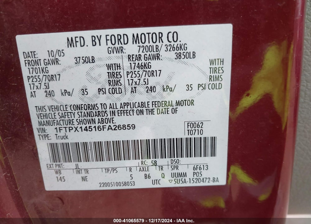 2006 FORD F-150 FX4/LARIAT/XL/XLT VIN: 1FTPX14516FA26859