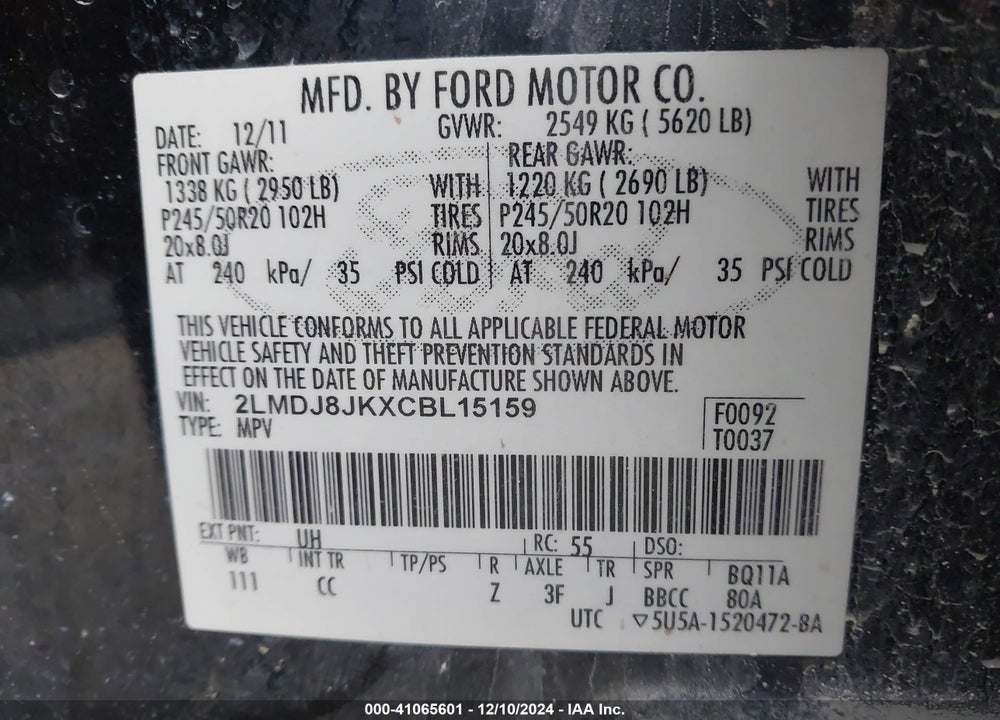 2012 LINCOLN MKX VIN: 2LMDJ8JKXCBL15159