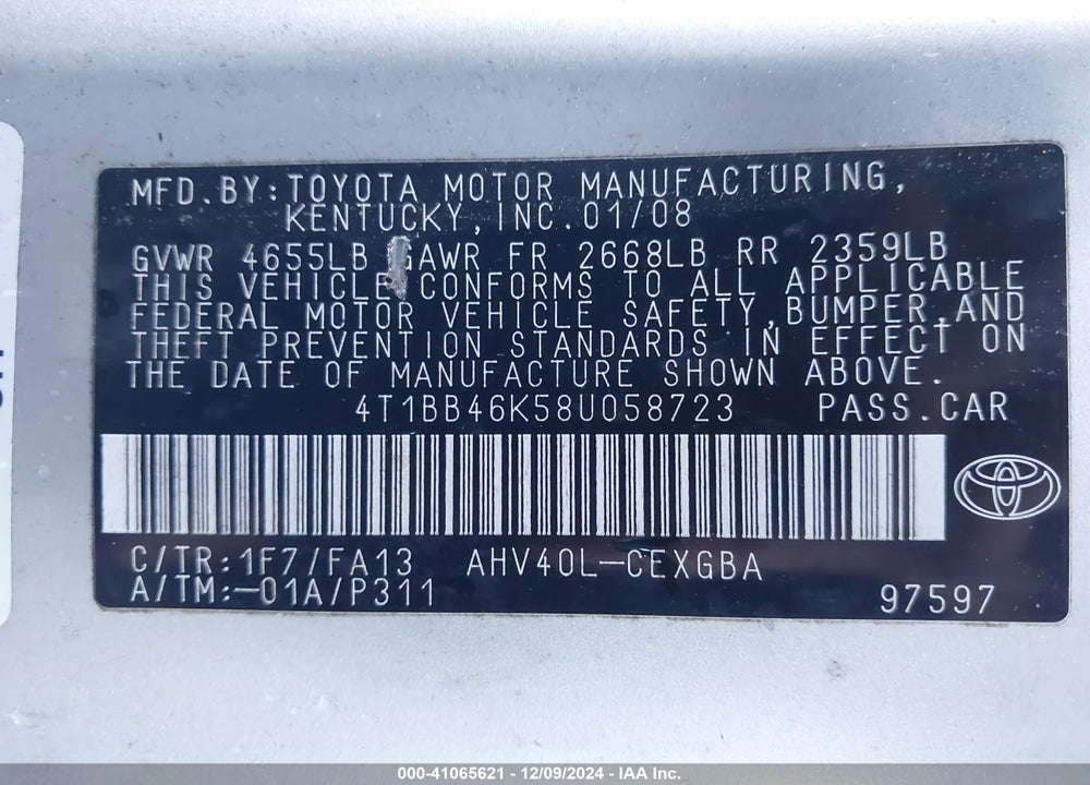 2008 TOYOTA CAMRY HYBRID VIN: 4T1BB46K58U058723